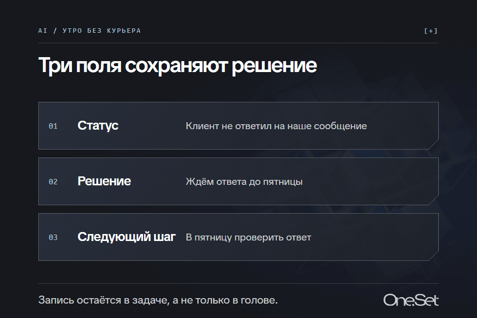Три поля в задаче: статус, решение и следующий шаг. Пример ожидания ответа до пятницы