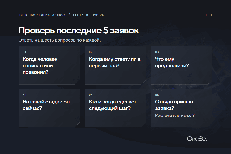Проверь последние 5 заявок: шесть вопросов по каждой